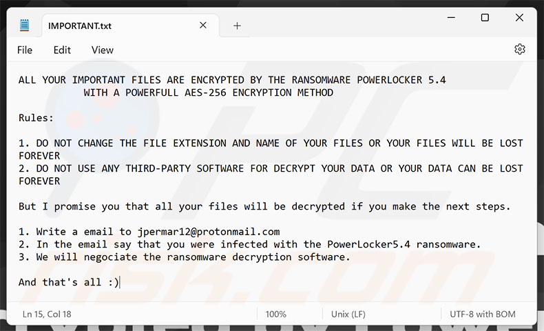 Nota de resgate do ransomware PowerLocker (IMPORTANT.txt)