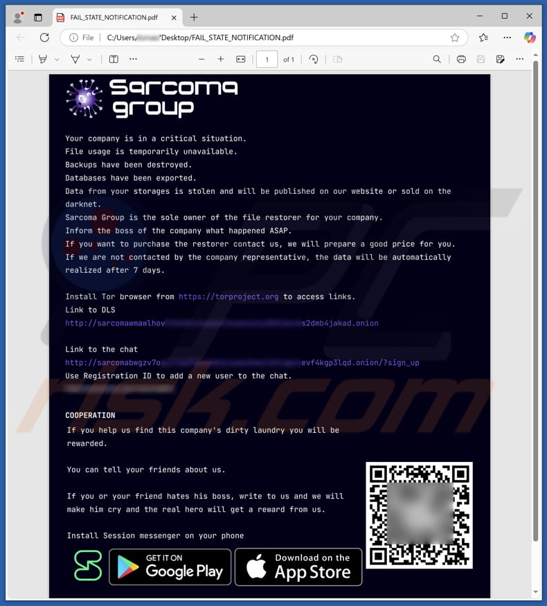 Sarcoma Group ransomware ficheiro de nota de resgate (FAIL_STATE_NOTIFICATION.pdf)