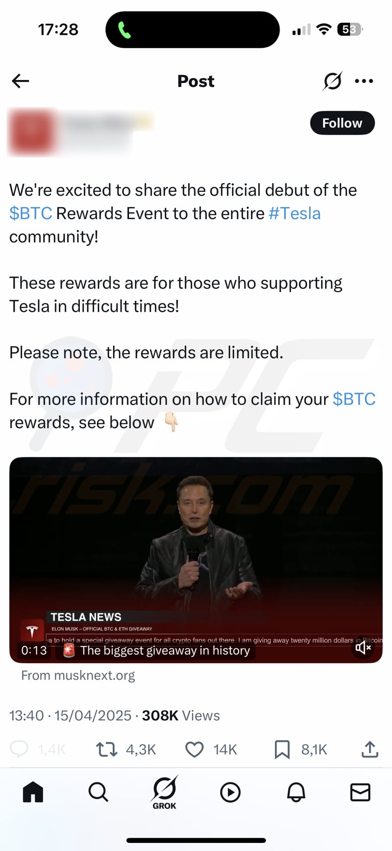 Tesla Foundation Giveaway Segunda publicação falsa fraudulenta