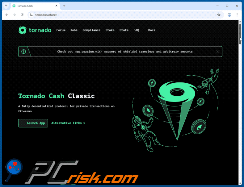 Tornado Cash aparência de um sítio web fraudulento (GIF)