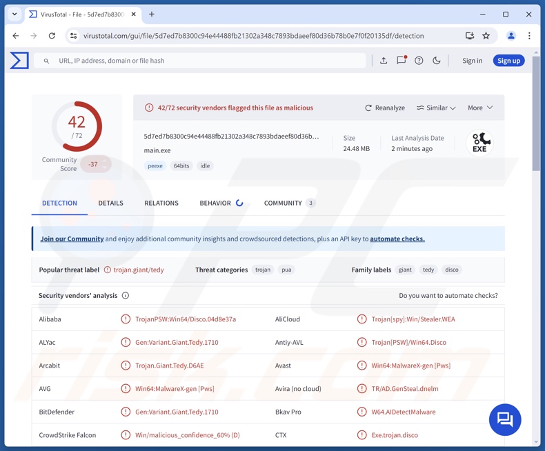 TROX malware detecções no VirusTotal