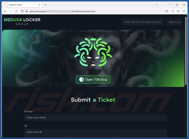 Site de contacto do Warning ransomware