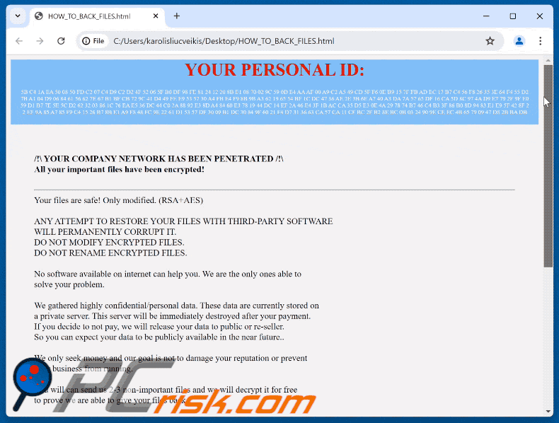 Ficheiro de nota de resgate do ransomware Warning (HOW_TO_BACK_FILES.html)