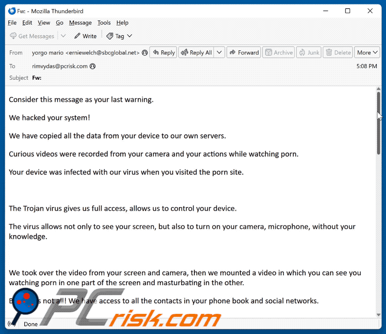 We Hacked Your System aparência de e-mail fraudulento (GIF)