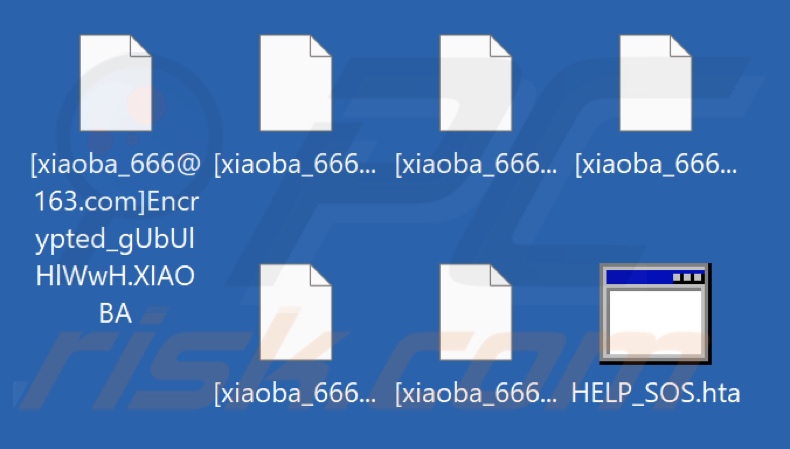 Ficheiros encriptados pelo ransomware XIAOBA 2.0 (ficheiros renomeados de acordo com o padrão [xiaoba_666@163.com]Encrypted_[random_string].XIAOBA)