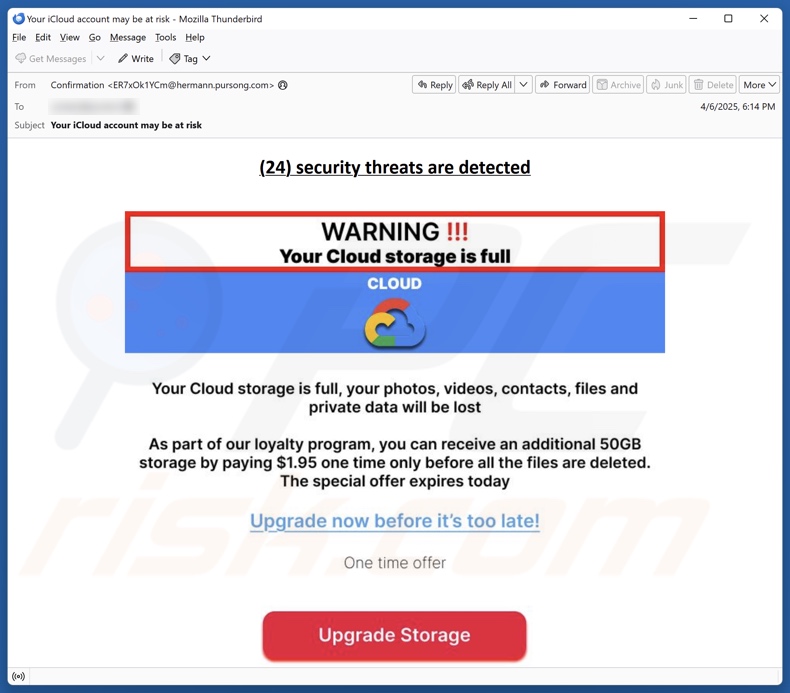 Your Cloud Storage Is Full campanha de spam por correio eletrónico