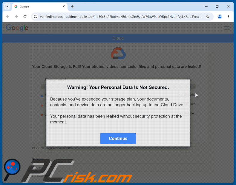 Your Cloud Storage Is Full site promovido por correio eletrónico fraudulento (GIF)