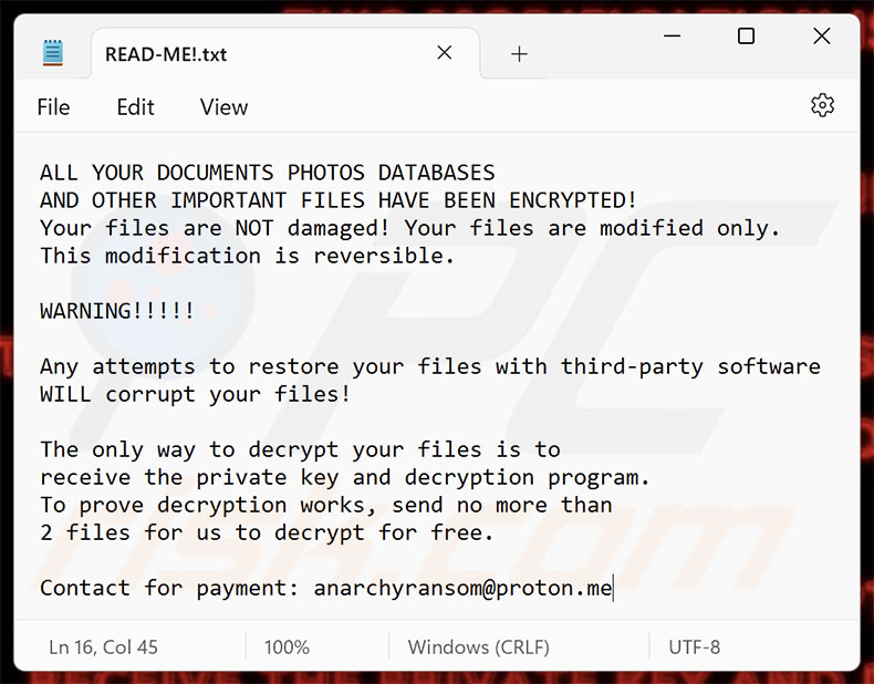 Nota de resgate do ransomware AnarchyRansom (READ-ME!.txt)