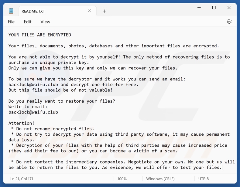 Nota de resgate do ransomware BackLock (README.TXT)
