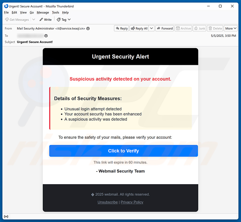 Binance - Urgent Security Alert email fraude (2025-05-06)