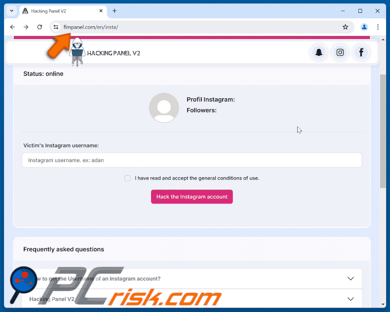 Aparência do esquema Instagram Account Hack