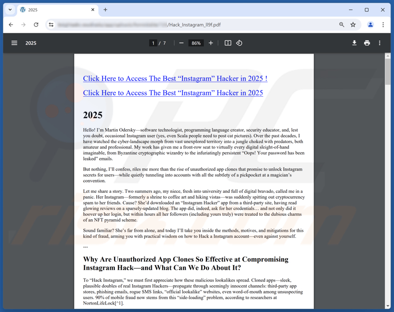 PDF do esquema Instagram Account Hack numa página duvidosa a promover o esquema
