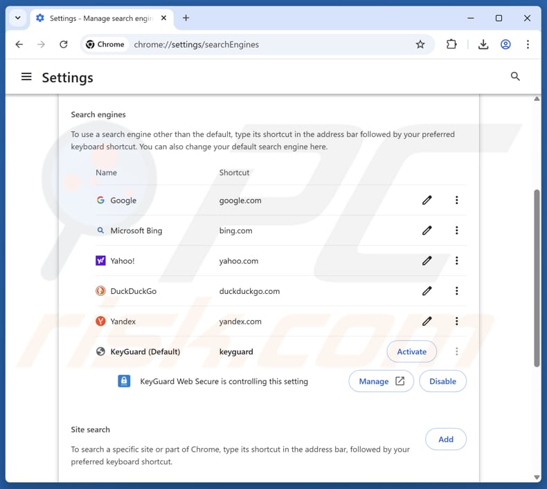 Removendo keyguard-websecure.com do motor de pesquisa padrão do Google Chrome