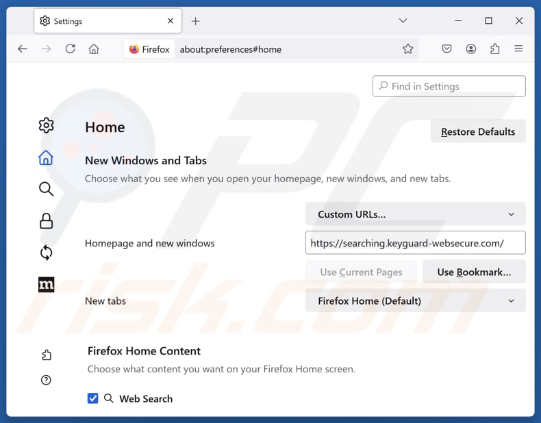 Removendo keyguard-websecure.com da página inicial do Mozilla Firefox