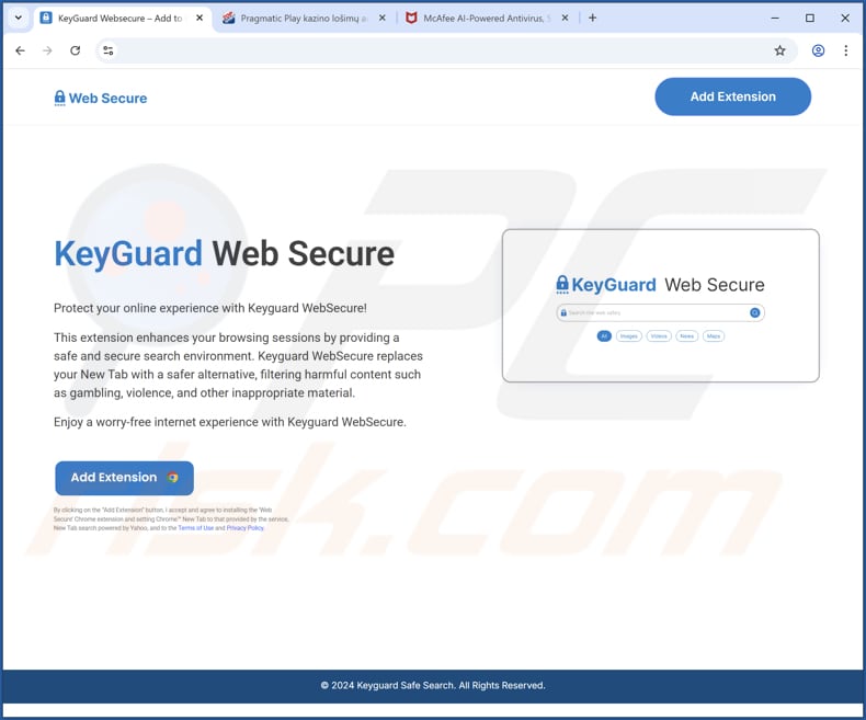 Site usado para promover o sequestrador de navegador KeyGuard Web Secure