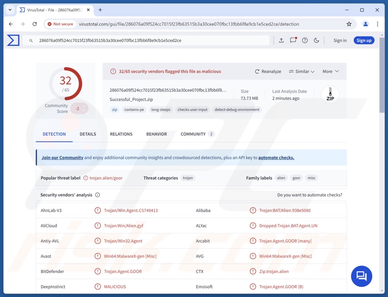 Detecções do malware Noodlophile no VirusTotal