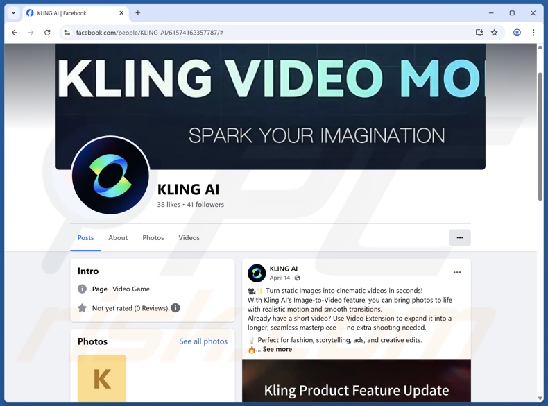 Conta falsa da Kling AI no Facebook usada para promover o malware PureHVNC