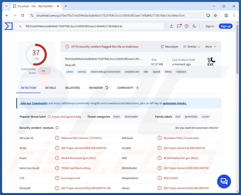 Detecções do malware PureHVNC no VirusTotal