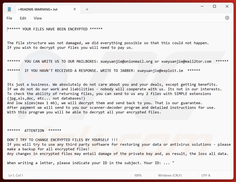 Nota de resgate do ransomware AIR (Makop) (+README-WARNING+.txt)
