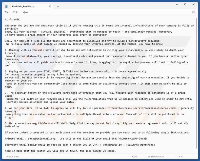 Ficheiro de texto do ransomware BlackFL (BlackField_ReadMe.txt)