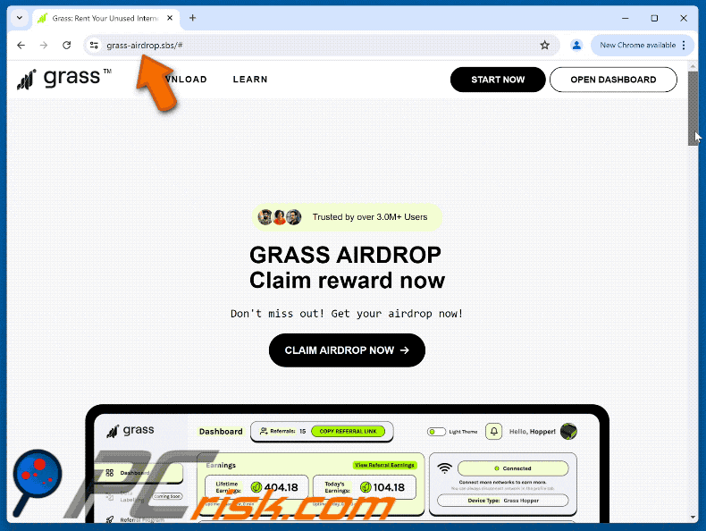 Aparência do esquema fraudulento Grass Airdrop