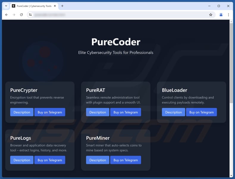 Site de promoção do malware PureRAT