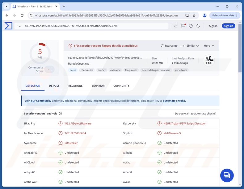 Detecções do malware rmc no virustotal