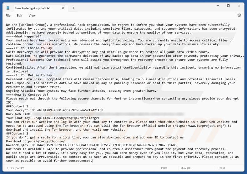 Ficheiro de texto do ransomware Warlock Group (Como descriptografar os meus dados.txt)