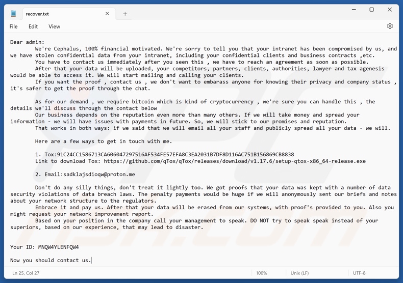 Cephalus ransomware nota de resgate (recover.txt)