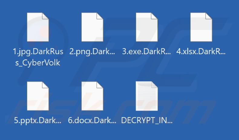 Arquivos criptografados pelo ransomware DarkNetRuss (extensão .DarkRuss_CyberVolk)