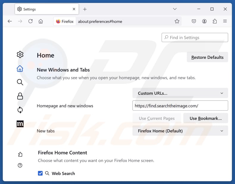 Removendo find.searchtheimage.com da página inicial do Mozilla Firefox