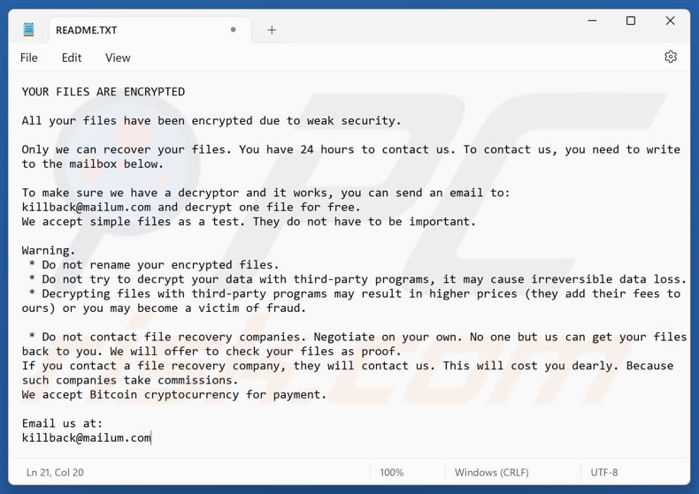 Ficheiro de texto do ransomware KillBack (README.TXT)