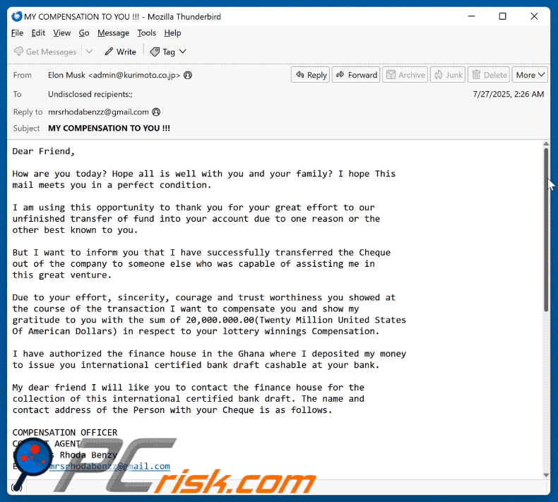 Aparência do e-mail fraudulento de compensação de ganhos na lotaria