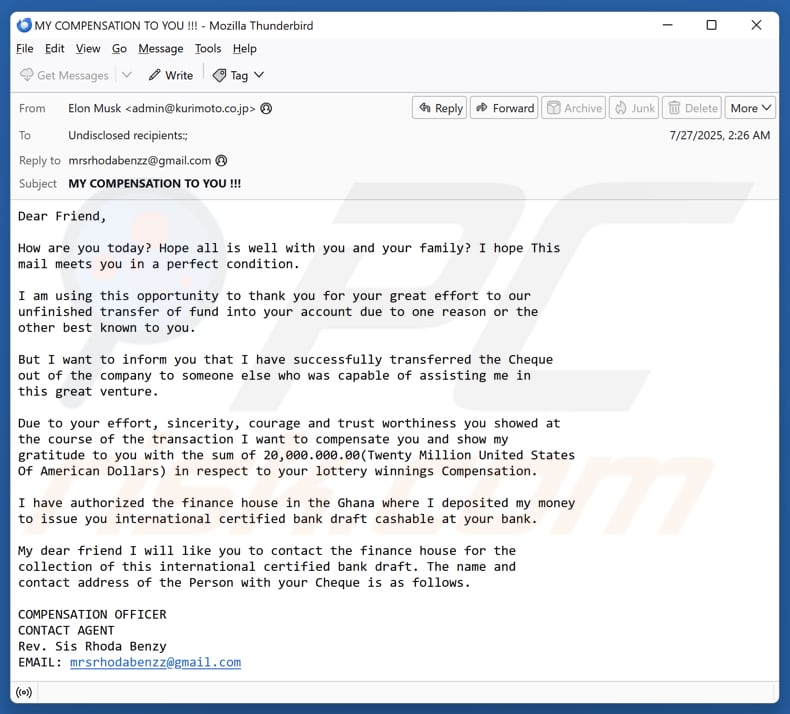 Campanha de spam por e-mail sobre compensação por ganhos na lotaria