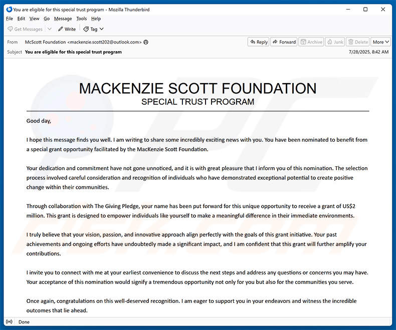 Golpe por e-mail da Fundação Mackenzie Scott (2025-08-06)