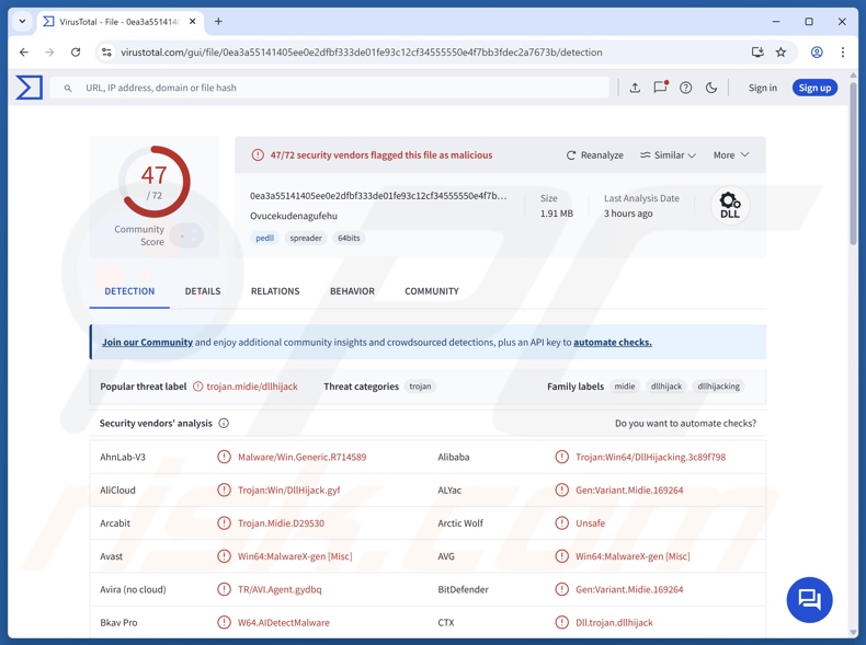 Detecções do malware QuirkyLoader no VirusTotal