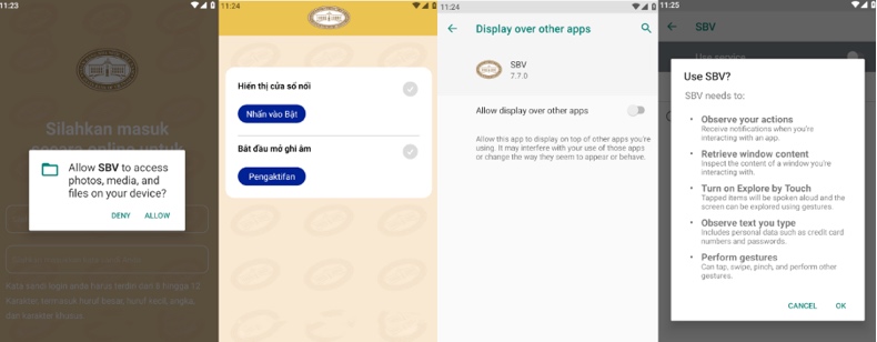 Permissões solicitadas pelo malware RedHook
