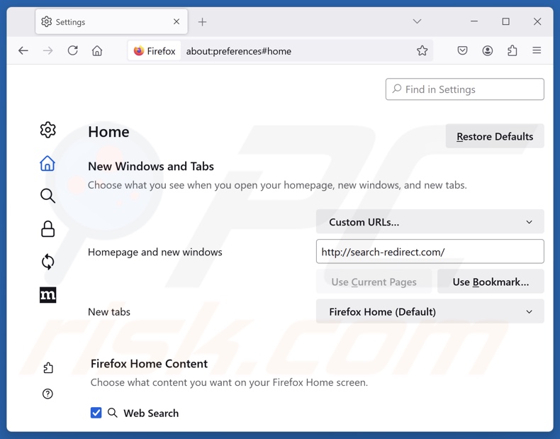 Removendo search-redirect.com da página inicial do Mozilla Firefox
