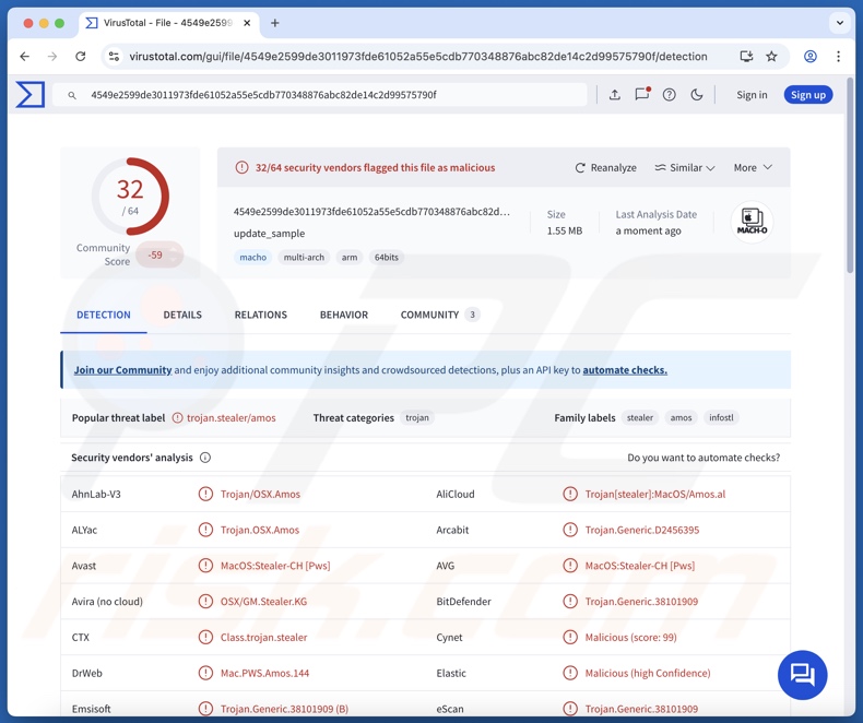 Detecções do malware Shamos no VirusTotal