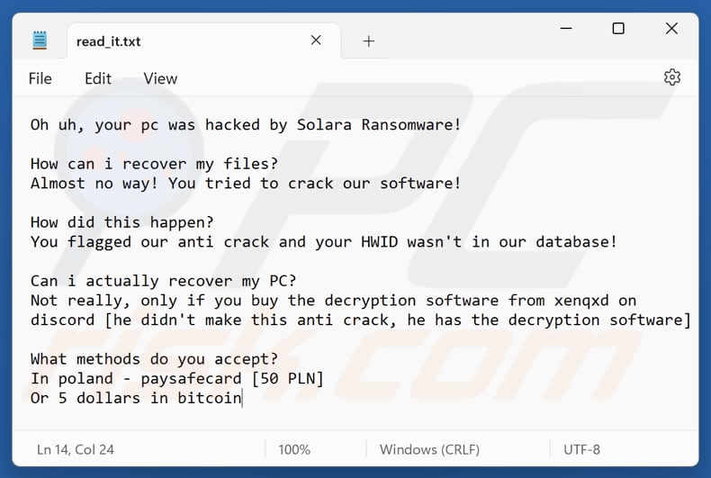 Ficheiro de texto do ransomware Solara (read_it.txt)