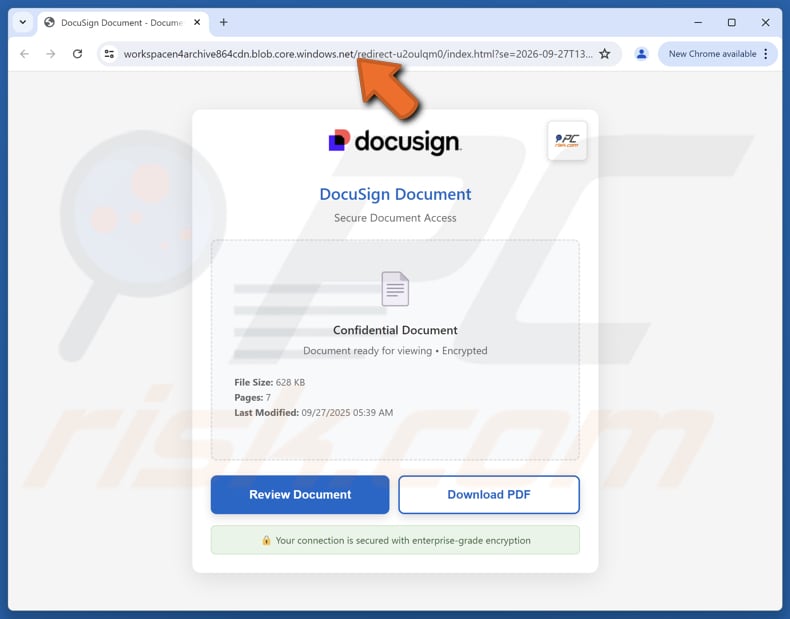 Página falsa de fraude por e-mail de contas a pagar via DocuSign