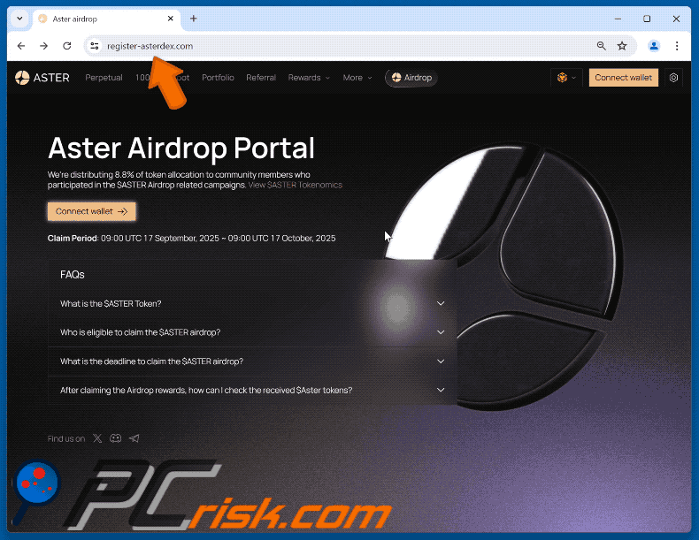 Aparência do site falso Aster Airdrop (GIF)
