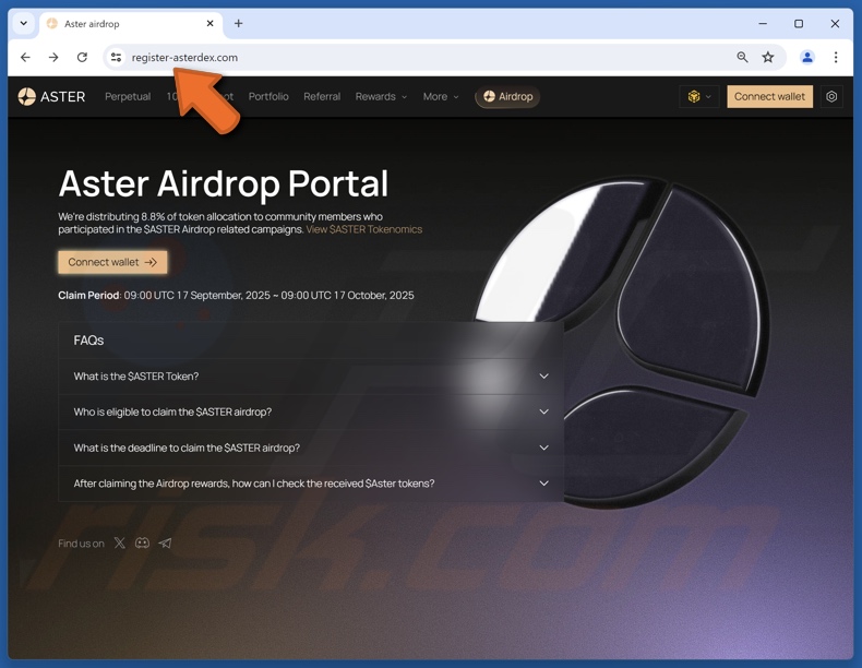 Site falso da Aster Airdrop