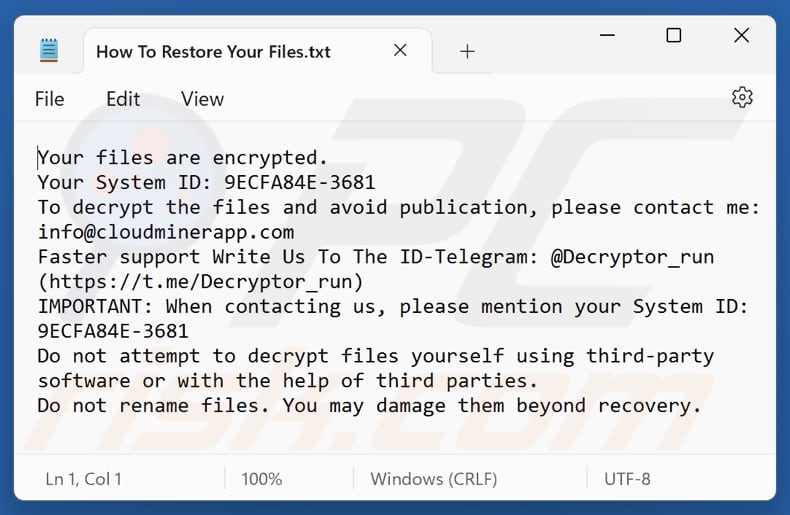 Arquivo de texto do ransomware Bitco1n (How To Restore Your Files.txt)