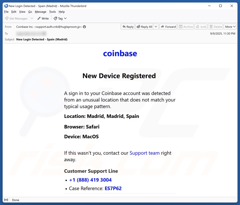 Campanha de spam por e-mail Coinbase Device Registration