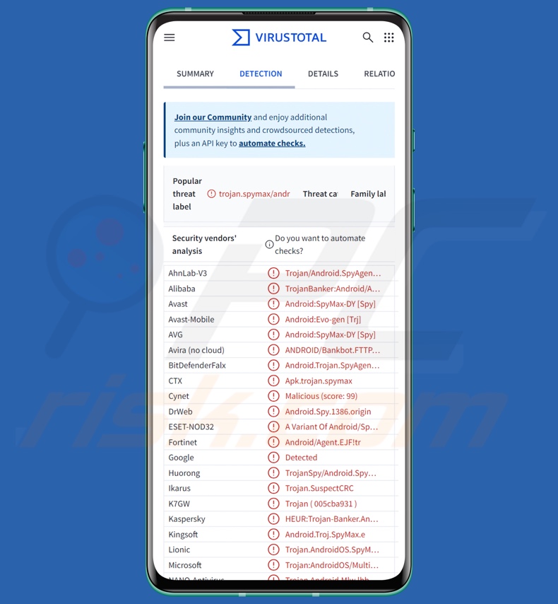 Detecções do malware Datzbro no VirusTotal