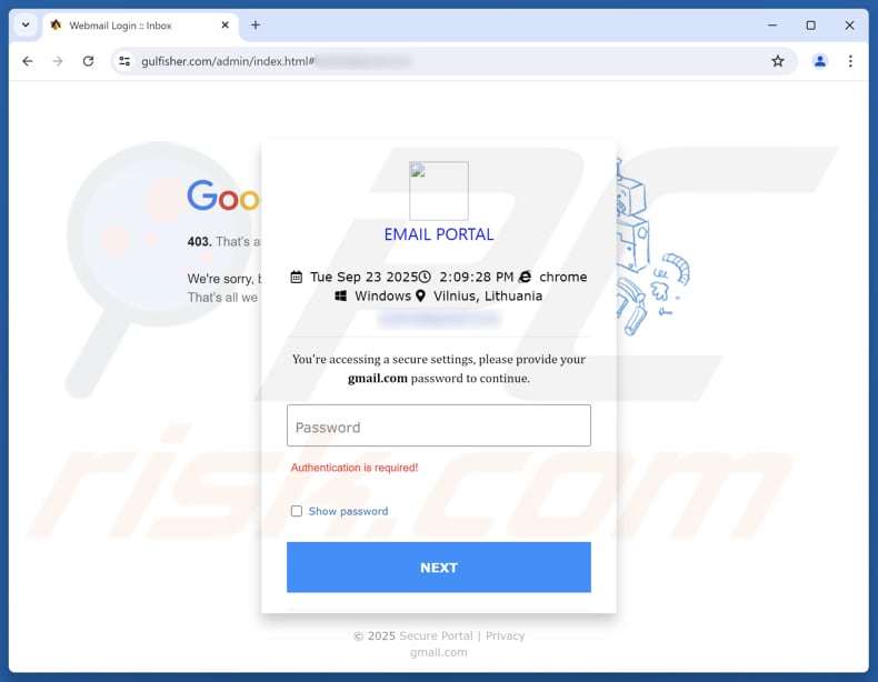 Domínio excedeu o número máximo de e-mails por hora Página de phishing fraudulenta