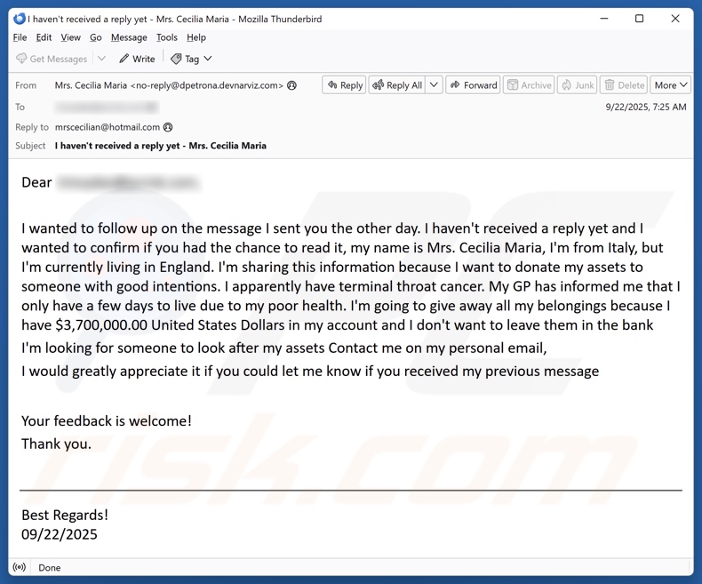 Donation To Someone With Good Intentions campanha de spam por e-mail