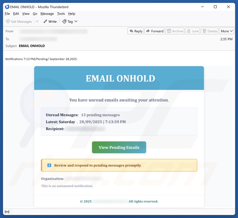 Campanha de spam de e-mail Email On Hold