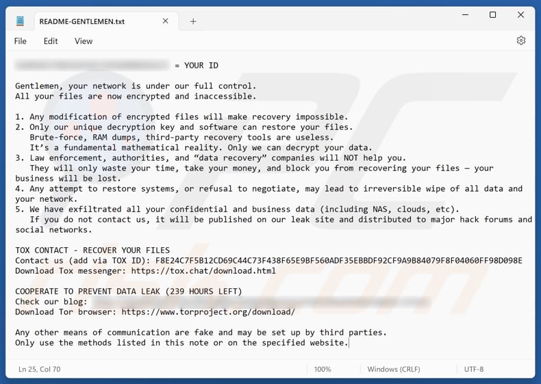 Arquivo de texto do ransomware Gentlemen (README-GENTLEMEN.txt)
